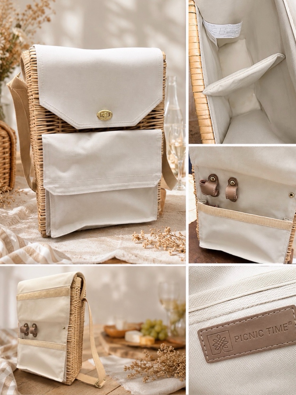 Picnic Time Wicker Wine Bottle Picnic Backpack with Canvas Pockets